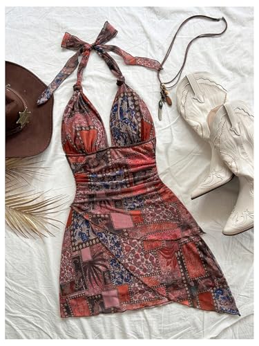 Image of SOLY HUX Women's Y2K Summer Beach Halter Mini Dress | Retro Floral Dress, V Neck, Backless, Club Nightout, Sexy Going Out Clothes, Birthday Dress