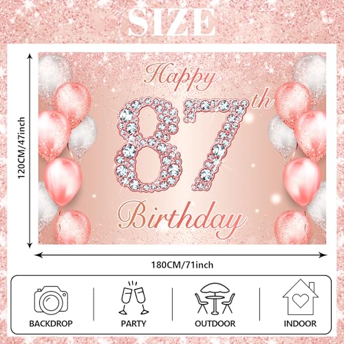 Image of Happy 87th Birthday Rose Gold Banner Cheers to 87 Years Old Backdrop Confetti Balloons Theme Decor for Women 87 Years Old Pink Birthday Party Decorations Bday Supplies Background Favors Gift Glitter