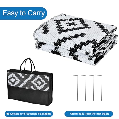 Image of Outdoor Reversible Rugs, Plastic Straw Area Mats, Modern Large Floor Rugs for RV, Patio, Backyard, Deck, Picnic, Beach, Trailer, Camping (Black & White, 4'x6')