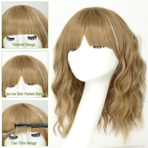 Image of AISI HAIR Curly Bob Wig with Bangs Short Wavy Champagne Blonde Wigs for Women Bob Style Synthetic Heat Resistant Bob Wigs