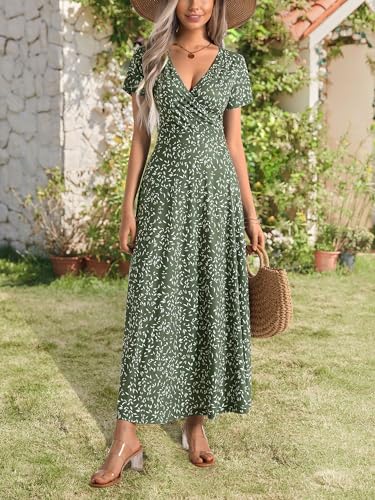Image of HUHOT Women's Short Sleeve Wrap V Neck Dresses for Wedding Guest Summer Floral Maxi Sundresses with Pockets Boho Dress