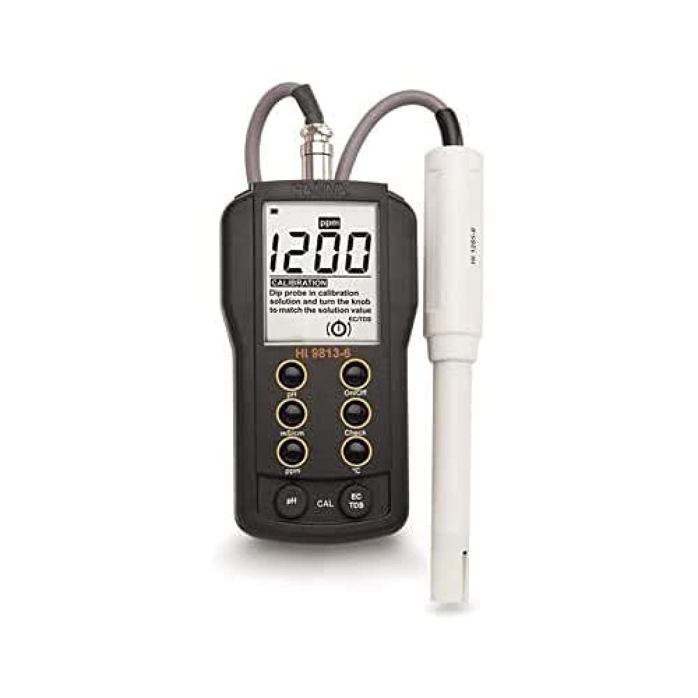 PH/EC/TDS/CÂ °-Meter (4.00 MS/cm, 1999 MG/L (PPM), Clean & CAL, sonde Hi 1285 – 6, 1 m cavo, DIN, processo di ierl., Batteria