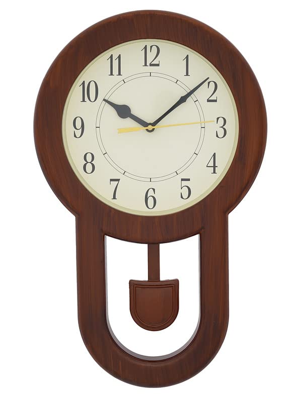 CHRONIKLE Designer Plastic Case Vertical Analog English Numbers Pendulum Wall Clock for Living Room Home Decoration Gifts (Size: 25.5 x 5.5 x 42.5 CM | Weight: 490 Gram | Color: Golden & Brown)