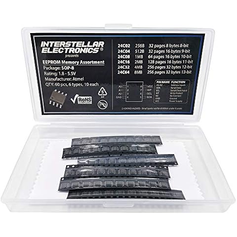 EEPROM Memory chip IC Assortment SMD SOP8, 256B, 512B, 1MB, 2MB, 4MB, 8MB, 24C02, 24C04, 24C08, 24C16, 24C32, 24C64, 60 pcs Cover