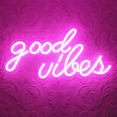 Product Image of the DECANIT Good Vibes Neon Sign Pink, Aesthetic LED Light for Wall Decor, Bedroom, College Dorm, Studio, USB Powered 3D Night Lamp for Birthday Gift, Party Background, 16.1x8.3 Inch