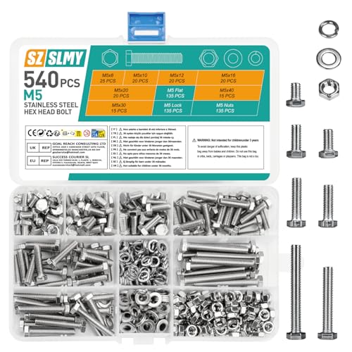 540 Stk Sechskantschrauben Muttern Set, M5 Schrauben Set, Edelstahl Gewindeschrauben Set, Maschinenschrauben Sortiment Set, Fahrrad Schrauben und Muttern Set mit Unterlegscheiben für Auto Möbel