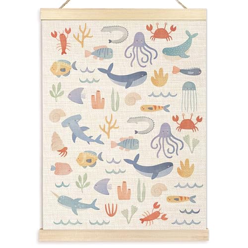 Image of Ecezatik Ocean Nursery Decor, Danish Pastel Animals Poster Hanger Frame, Coastal Sea Wall Art for Classroom Kids Room Playroom, Under the Sea Decor, 12x16 Inches