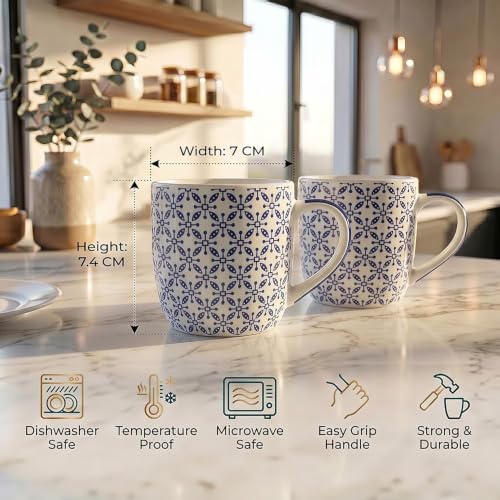 Image of U.P.C. Ceramic Coffee Tea Mugs Set of 6, White & Blue Geometric Print, Coffee Cups for Home & Office, Microwave & Dishwasher Safe Mugs, Stylish Drinking Cups for Tea, Coffee & Hot Beverages