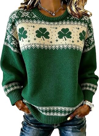 Irish Sweater Women St. Patrick's Day Knitted Shamrock Sweater Long Sleeve Crew Neck Casual Pullover Top (Green, L)