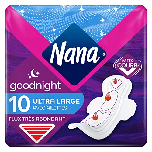 Nana Ultra Goodnight - Assorbenti igienici con alette – Flusso molto abbondante – 10 asciugamani in sacchetto singolo