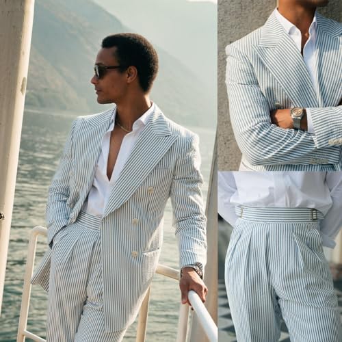 Mens Double Breated Striped Seersucker Suit 2 Piece Blazer Pants Beach Wedding Casual Lightweight Suit2