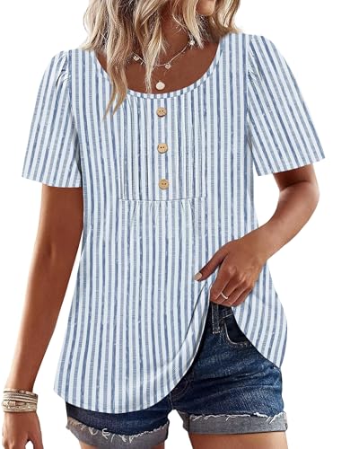 Image of Womens Tops Dressy Casual Blouses Short Sleeve Shirts Plus Size Fashion Clothing Spring Summer Outfits Button Pleated Front