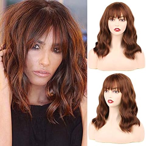 Huarisi 14" Bob Wigs Natural Wavy Curly Synthetic Hair Wig with Bangs Brown Mixed Auburn Color Short Heat Resistant Shoulder Length Wigs Middle Part Synthetic Wig Full Head for Women Cover