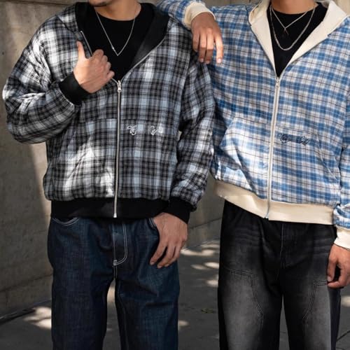 Y2k Grunge Plaid Zip Up Hoodie Men Streetwear Jacket Oversized 2000s Graphic Hoodie Fall Baggy Rapper Sweatshirts (Black plaid,L)2