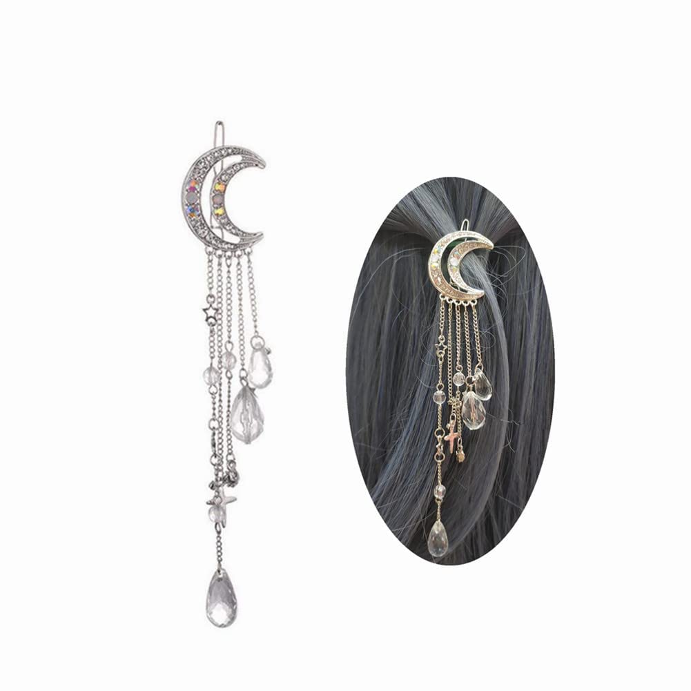 DADIWEY Romantic Rhinestone Crescent Moon Star Charm Hair Clips, Crystal Beads Tassel Drop Hair Pins Chain Hairpin for Women Girls Bridal Jewelry Hair Accessories (Silver)