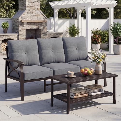Image of FansaFurn 3 Seats Outdoor Patio Furniture Set, Outdoor Metal Sectional Furniture with Cushions, Outdoor Conversation Set with Coffee Table for Deck, Balcony, Backyard, Garden, Grey