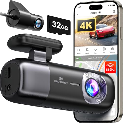 Image of REDTIGER F9 Dash Cam 4K Front and Rear 1080P, Built-in 5.8GHz WiFi and GPS, Dual Dash Camera for Cars with 32GB Card, Loop Recording, Parking Mode, Smart App Control