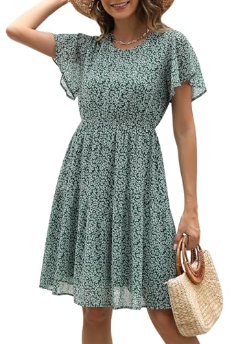 Manydress Damen Chiffon-Kleid, Blumenmuster, lässig, Sommer, Boho, Flatterärmel, fließendes Skaterkleid, Westernkleid, MY112, Grüner Druck, Klein