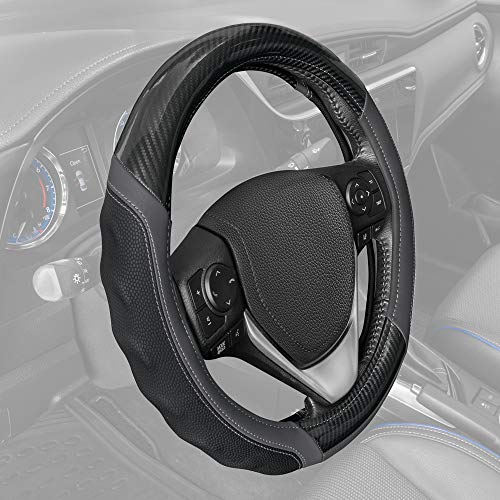 Image of Motor Trend UltraSport Gray Carbon Fiber Steering Wheel Cover, Standard 15 inch Size, Black Faux Leather Comfort Grip, Car Steering Wheel Cover for Auto Truck Van SUV