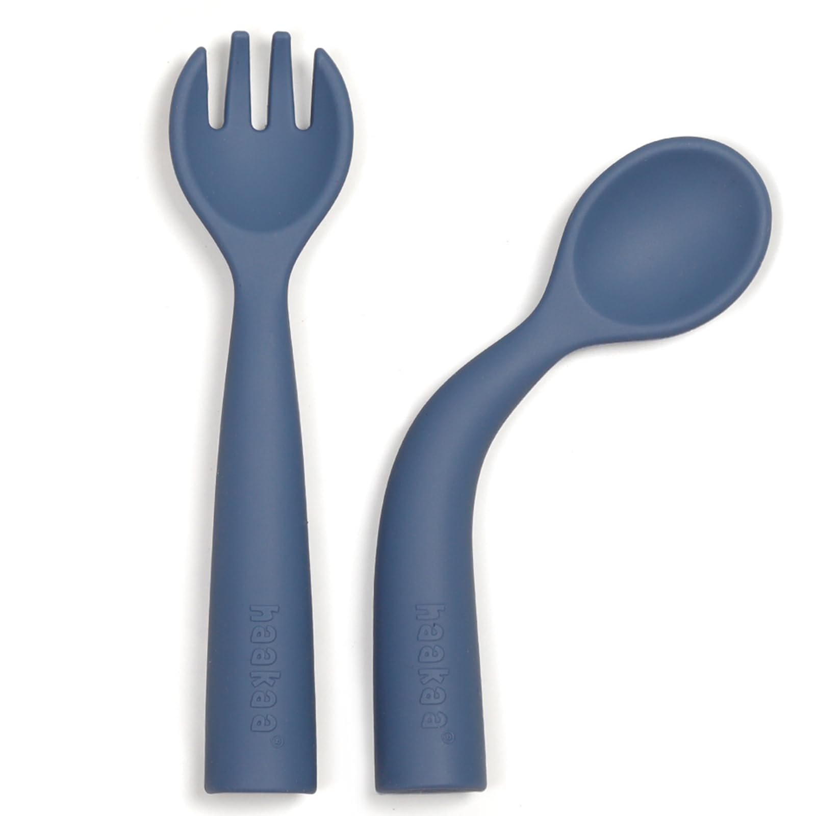 haakaa Toddler Fork and Spoon Set with Travel Case, Self-Feeding Utensils, Easy-Grip, Bendy Food-Grade Silicone, Bluestone, 12m+