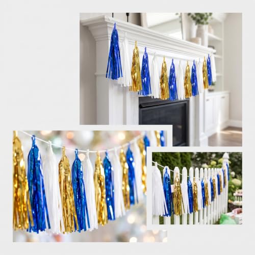 Image of 4P Navy-Blue White-Gold Foil Fringe Metallic Tassel-Garland, Tassels Banner Streamers for Parade Floats, Bachelorette, Wedding, Birthday, Halloween, Christmas, Bridal /Baby Shower Party Decorations