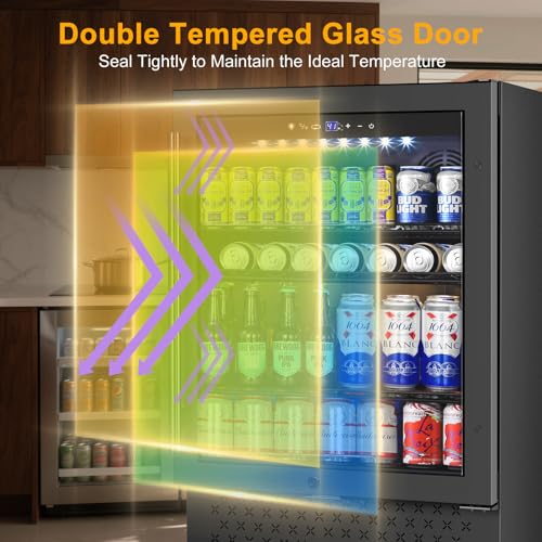 Image of Beverage Refrigerator 24 Inch 200 Can Drink Fridge with Glass Door, Under Counter /Freestanding Beverage Cooler with Temperature Control, Reversible Door, Quick Cooling for Beer Soda Wine, Black