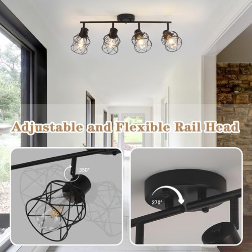 Image of BUXVRCS Adjustable Multi-Directional Black Light Fixtures, Kitchen Track Lighting, Kitchen Light Fixtures Ceiling Mount, Geometric Metal Cage Industrial Spotlight Fixtures for Dining Room