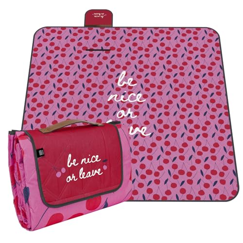 PERLETTI Telo Picnic Impermeabile Adulto 200x200 - Coperta Pic Nic Grande per Famiglia Spiaggia Montagna Parco Giardino - Tappeto da Campeggio per Esterno Portatile Pieghevole (Ciliegie, 200x200)