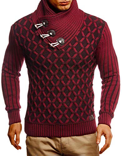 Leif Nelson Men's Knitted Winter Pullover with Shawl Collar Sweater with Geometric Pattern Hoodie Sweatshirt Slim Fit Long Sleeve LN5385 Red Black Large