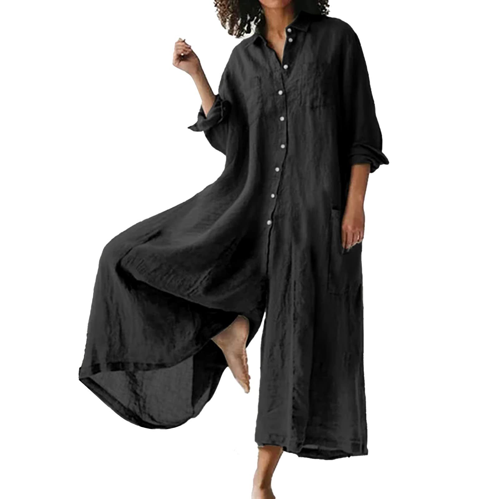 L9WEI Traje de pantalón para mujer, con solapa, mono de lino, elegante, monocolor, con botón, para verano, talla grande, holgado, pierna ancha, mameluco