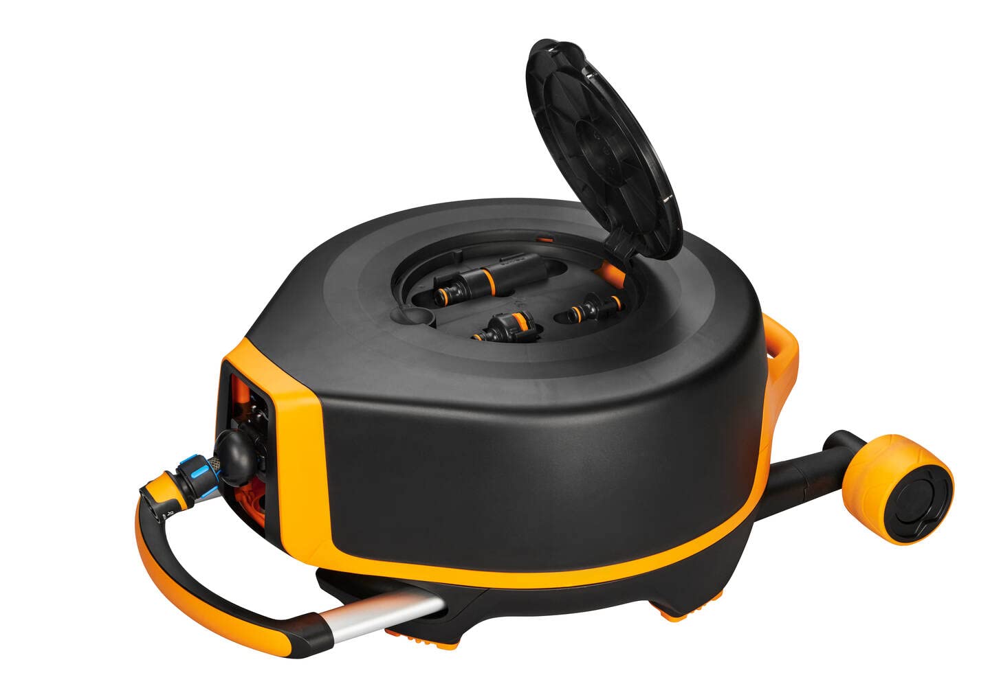 Fiskars Carro portamangueras XL con ruedas, Set de riego todo incluido, Alcance 27m, Enrollado automático, Manguera tamaño universal (diám. 13 mm), Conector grifo universal, Negro/Naranja, 1025933 | 1025933 - Manguera de bobinado automático, conexión univ