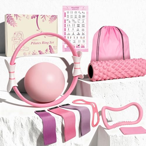 LZCDUDU Pilates Ring Kit with 14 inch Magic Circle & Foam Roller Ergonomic Home Workout Equipment Set Full Essentials for Women Beginners - Includes Exercise Guide & Storage Bag