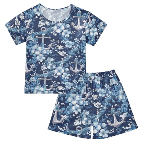 ALAZA Nautical Anchor Blue Flowers Pajama Set Short Sleeve Sleepwear Soft Lounge Nightwear