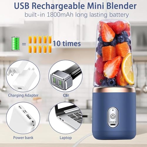 Image of Portable Blender USB Rechargeable Smoothie Maker | Mini Personal Juicer | 6 Stainless Steel Blades | 3 Speed Modes | 1500mAh Battery | Electric Fruit Mixer for Smoothies, Shakes & Juice