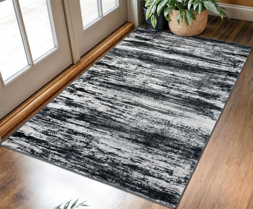 KOZYFLY 3x5 Area Rug Modern Ombre Rug for Bedroom, Washable Rug Non-Slip Soft Striped Living Room Area Rug, Black Navy Blue Grey Abstract Carpet for Laundry Nursery