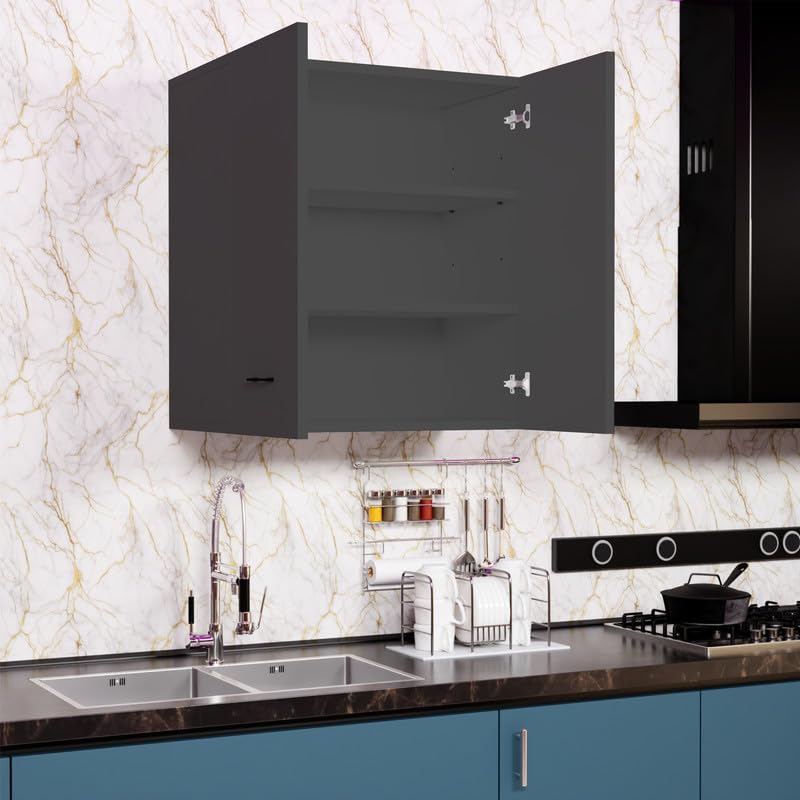 Image of 2 Door Wall Mounted Cabinet with Adjustable & Fixed Shelf | Engineered Wood Storage for Kitchen, Bathroom, Office & Living Room | DIY Assembly | Color: Grey | Size: 60 x 33 x 63.8 cm