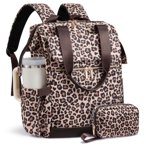 Image of LOVEVOOK Laptop Backpack for Women with Giant Tumbler Holder, 15.6 Inch Work Laptop Bag with USB Port, Fashion Teacher Nurse Backpack Purse, Waterproof Travel Computer Backpack, 2PCS,Leopard