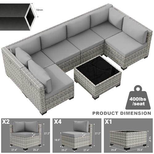 Image of Outdoor PE Wicker Rattan Modular Patio Sectional Sofa Set | 7-Piece: 6 Modular Seats & Coffee Table with Thick Cushions, Grey