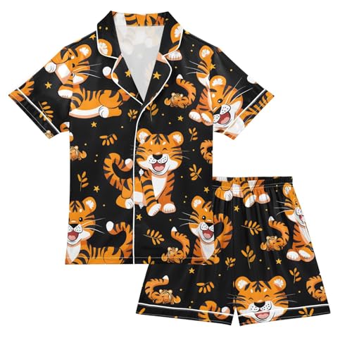 ALAZA Cartoon Tiger Animal Black Satin Pajamas Set Short Sleeve Button Down Sleepwear Summer Pjs 2 Piece