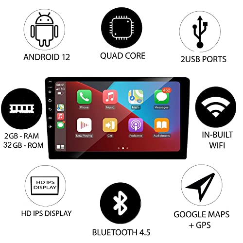 Image of AUTO SNAP 9 Inches 22cm Android 12 Gorilla Glass Wireless Car Play IPS Display Car Stereo with 2GB RAM /16 GB ROM Android Auto Quad core IPS Capacitive Touch Panel with Gorilla Glass /WiFi /GPS /Steering