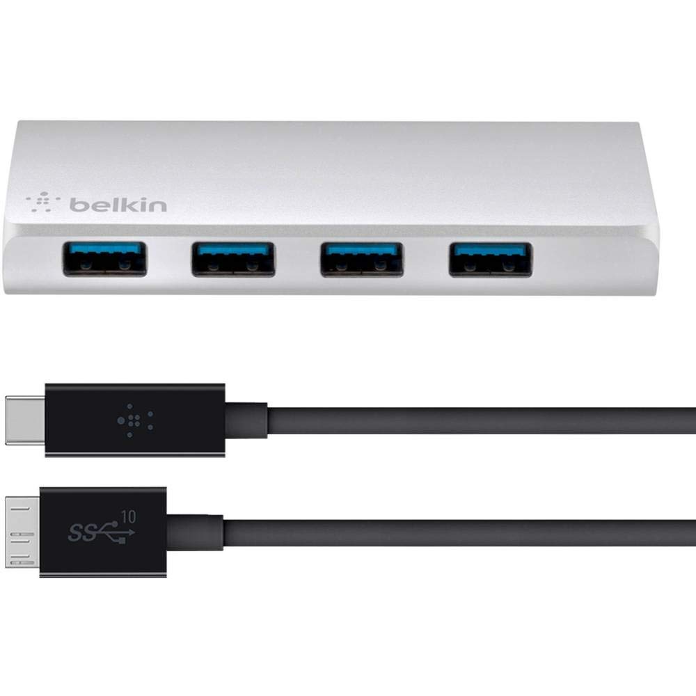 Belkin - Hub USB 3.0 4 ports avec câble micro-B 3.1 vers USB-C - 1m - Aluminium brossé