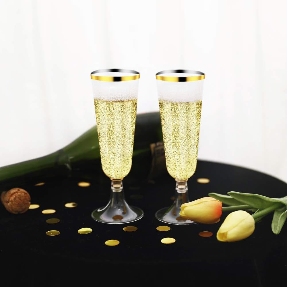 Copas de champán de plástico, 100 unidades, reutilizables, 150 ml, con bordes dorados para bodas, cumpleaños, picnics y fiestas