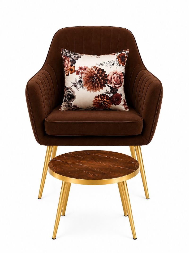 Premium Velvet Lounge Chair with Round Side Table & Floral Cushion | Modern Accent Seating-image-37