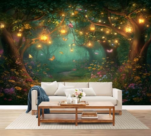 100'x144' Enchanted Forest Wall Mural Peel and Stick Wallpaper Magical Forest Lanterns Butterflies Wall Decor Self Adhesive Removable Wall Stickers for Bedroom Living Room