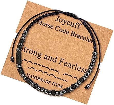 JoycuFF Strong and Fearless Morse Code Bracelets for Women Men Mothers Day Birthday Christmas Gifts Jewelry Cord Wrap Bracelet with Black Hematite Beads