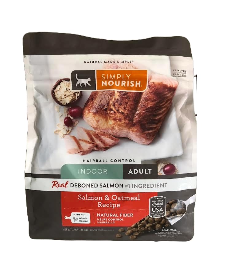 SIMPLY NOURISH Indoor Adult Cat Salmon & Oatmeal Recipe. Natural Fiber Helps Control Hairballs. 1-3 LB (1.36 kg) Bag of Dry Cat Food.