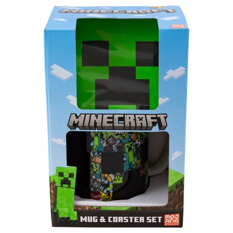 Minecraft Mug and Coaster Set | Hot & Cold Drinks | Home Or Office | Gift for Adult Kids | Unisex | Cup Holder | 312ML - Multi - Minecraft Creeper Funtage
