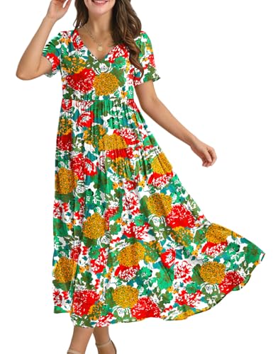YESNO Women's Summer Maxi Dresses Casual Floral Short Sleeve V Neck Boho  Beach Vacation Swing Dress with Pockets M EVF CR010 at Amazon Women's  Clothing store