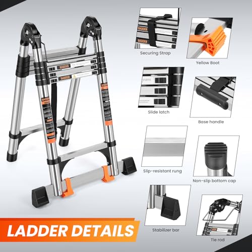 Image of Telescoping Ladder 12.5 FT A Frame, Extension Multi-Purpose with Balance Bar Heavy Duty 330 lbs Max Capacity for Home and Outdoor Work, Silver