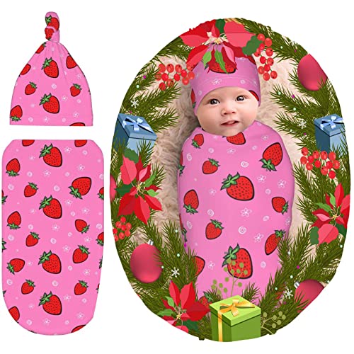 Image of Newborn Must Haves Strawberry Newborn Baby Swaddle Blanket Baby Stuff Swaddle Wrap Soft Sleep Sacks Stretchy Receiving Blankets with Hat for Boy Girl Gifts(2-14)